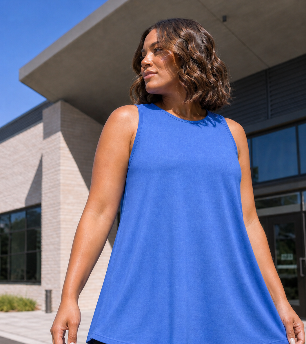 Model wearing the SepiMeli swing tunic in blue